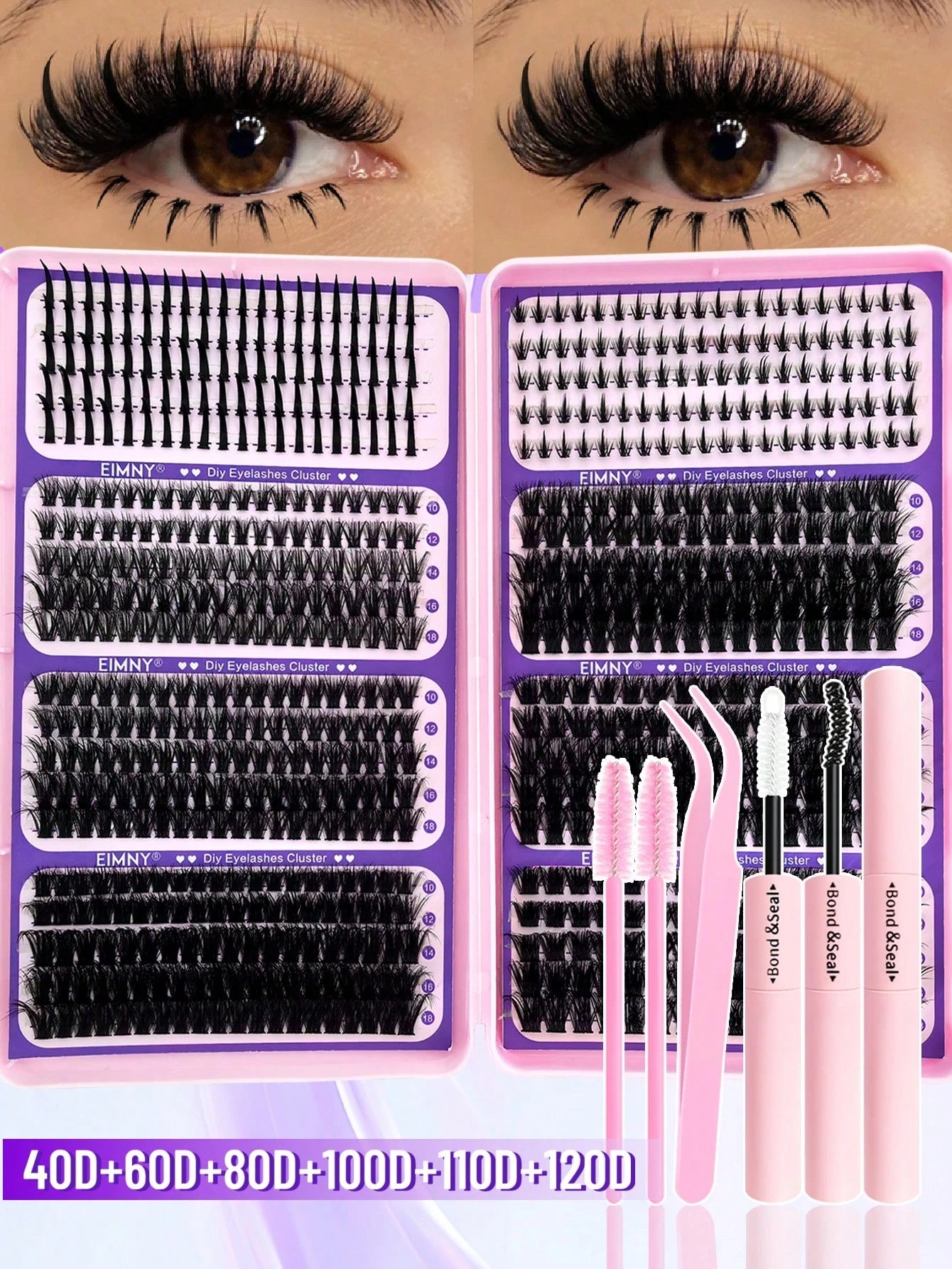 Eimny 800pcs Large Capacity Eyelash Book Set, Spiky Cartoon Style Eyelash Clusters, 40 Rows Russian Volume Curly Lashes With Bottom Lashes And Spikes, 40D To 120D, 2-In-1 Bonding Sealing Tweezers And