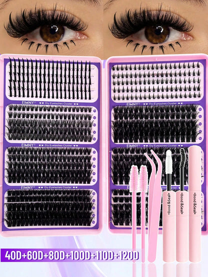 Eimny 800pcs Large Capacity Eyelash Book Set, Spiky Cartoon Style Eyelash Clusters, 40 Rows Russian Volume Curly Lashes With Bottom Lashes And Spikes, 40D To 120D, 2-In-1 Bonding Sealing Tweezers And