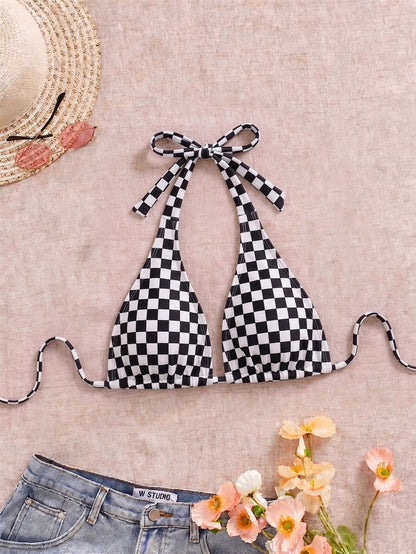 Elavelle Plus Size Women's Sexy 1920s Black Halter Bikini Top, Adjustable Criss-Cross Back Straps, Vacation, Beach Rave, Summer