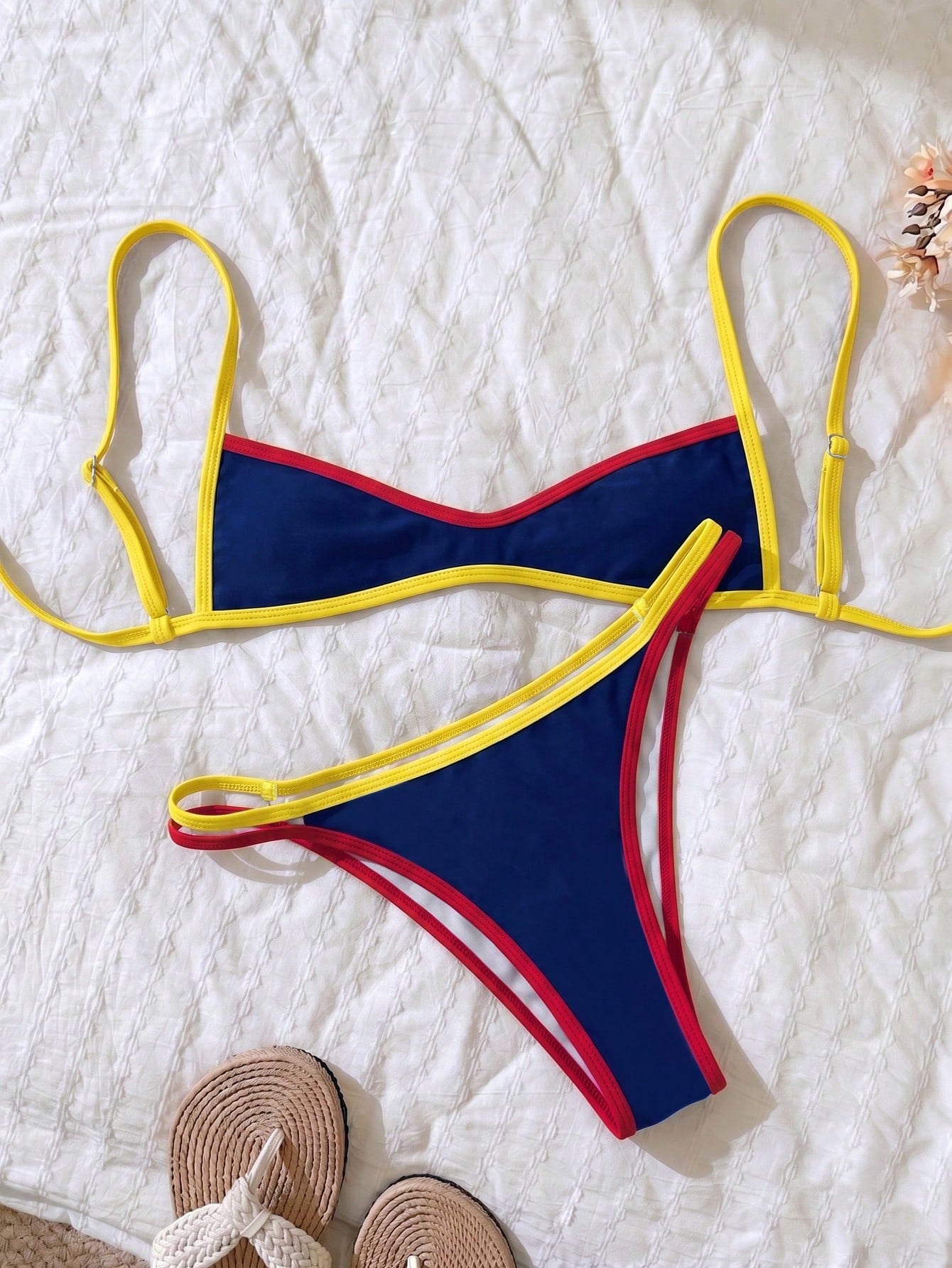 Elavelle Women's Summer Beach Colorblock Spaghetti Strap Sexy Bikini & Triangle Bottom Two-Piece Swimsuit Set