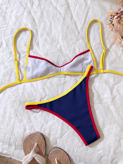 Elavelle Women's Summer Beach Colorblock Spaghetti Strap Sexy Bikini & Triangle Bottom Two-Piece Swimsuit Set