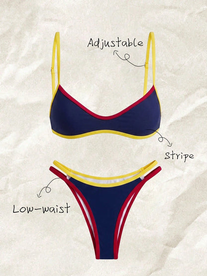 Elavelle Women's Summer Beach Colorblock Spaghetti Strap Sexy Bikini & Triangle Bottom Two-Piece Swimsuit Set