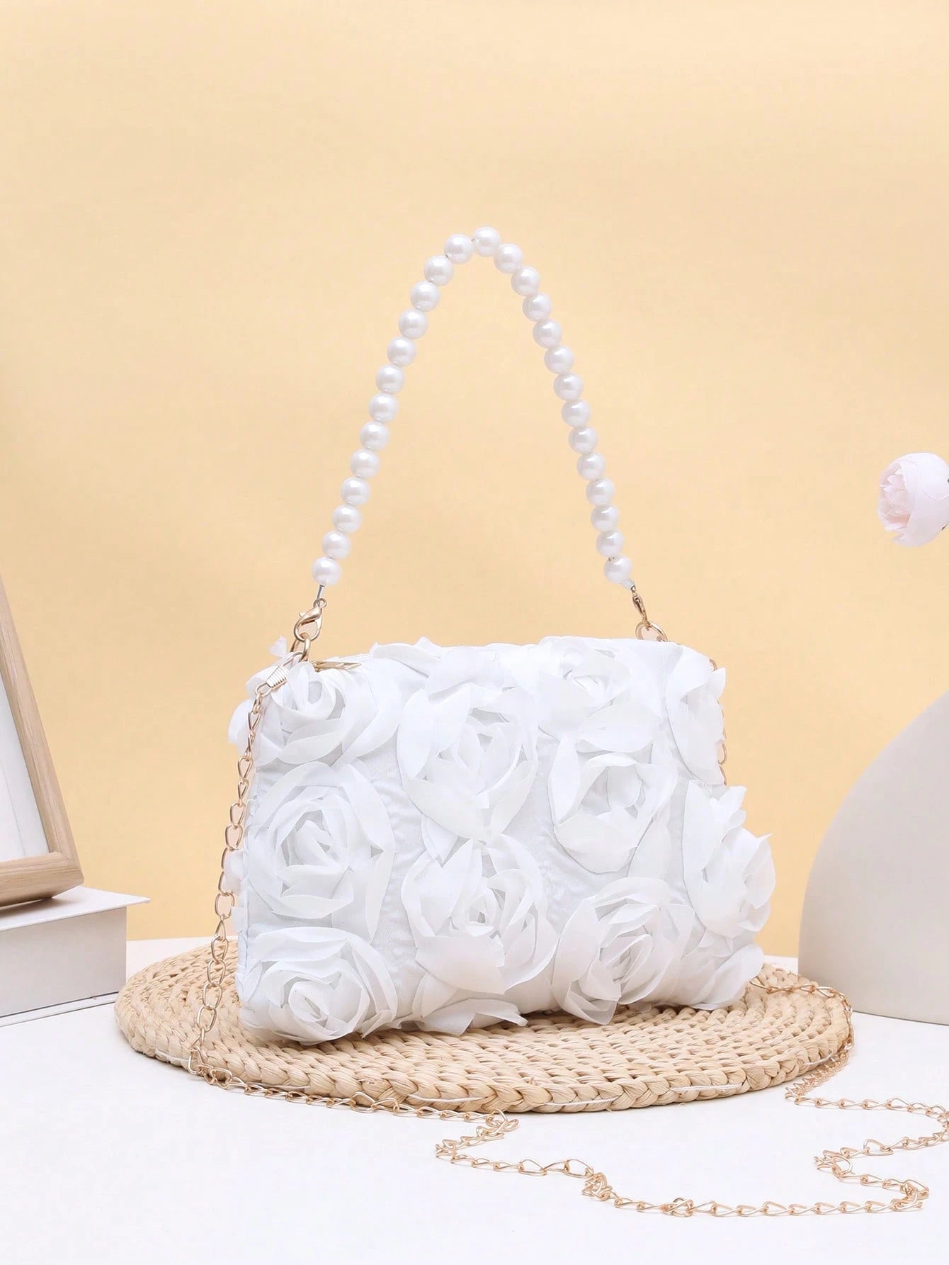 Elegant 3D Rose Flower Shoulder Bag, Metal Chain Crossbody Bag, Women's Faux Pearl Handbag, Women's Party Dress, Party Bag, Holiday Party Dress, Valentine's Day Gift, Bridal Bag, Bridesmaid Bag, Suita