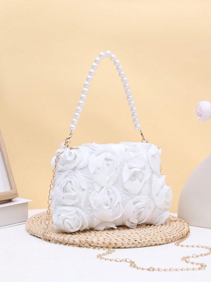 Elegant 3D Rose Flower Shoulder Bag, Metal Chain Crossbody Bag, Women's Faux Pearl Handbag, Women's Party Dress, Party Bag, Holiday Party Dress, Valentine's Day Gift, Bridal Bag, Bridesmaid Bag, Suita