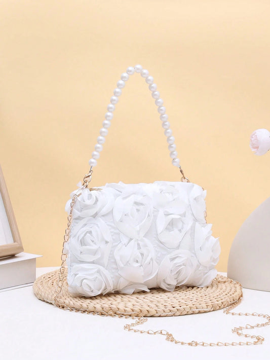 Elegant 3D Rose Flower Shoulder Bag, Metal Chain Crossbody Bag, Women's Faux Pearl Handbag, Women's Party Dress, Party Bag, Holiday Party Dress, Valentine's Day Gift, Bridal Bag, Bridesmaid Bag, Suita
