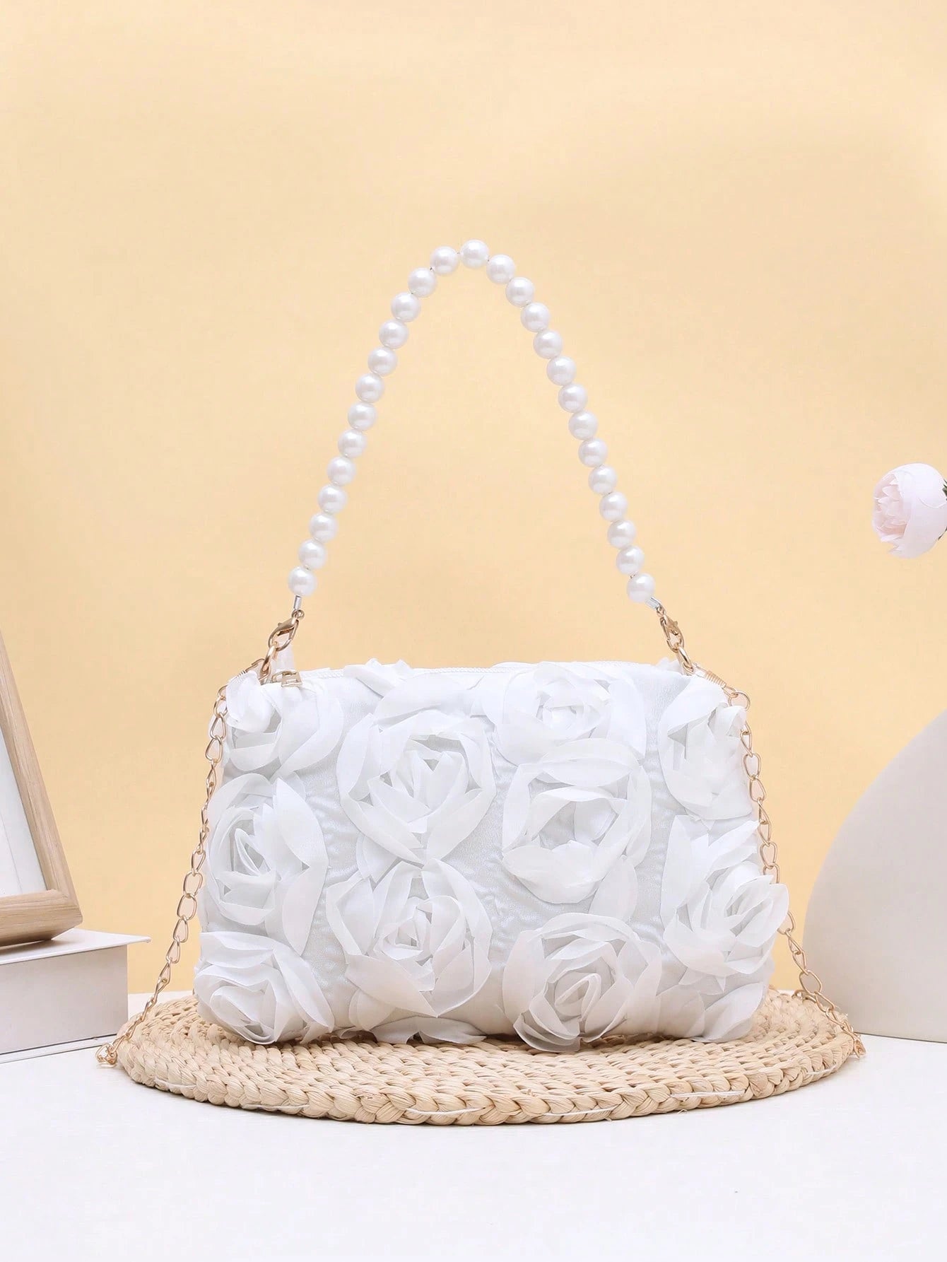 Elegant 3D Rose Flower Shoulder Bag, Metal Chain Crossbody Bag, Women's Faux Pearl Handbag, Women's Party Dress, Party Bag, Holiday Party Dress, Valentine's Day Gift, Bridal Bag, Bridesmaid Bag, Suita