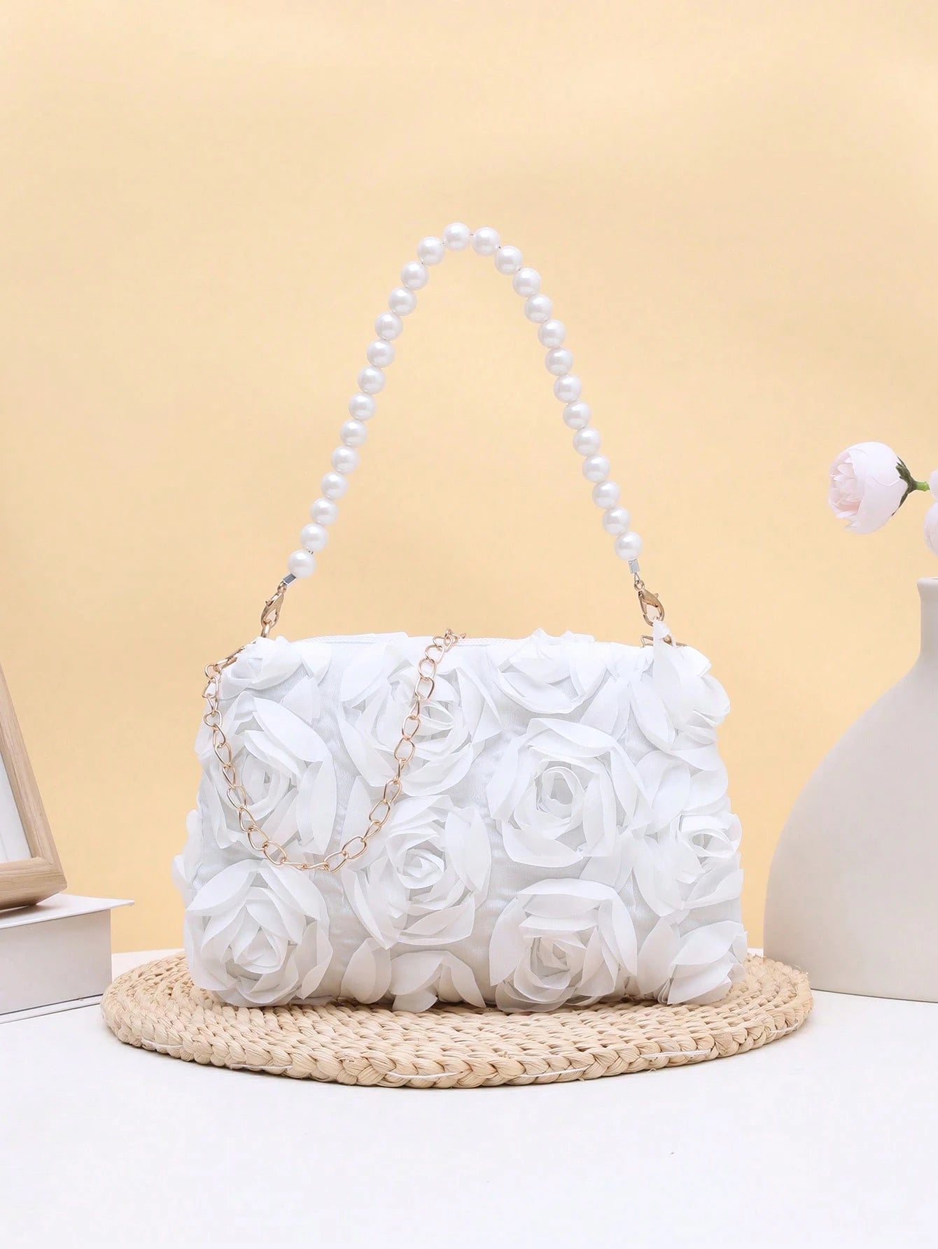 Elegant 3D Rose Flower Shoulder Bag, Metal Chain Crossbody Bag, Women's Faux Pearl Handbag, Women's Party Dress, Party Bag, Holiday Party Dress, Valentine's Day Gift, Bridal Bag, Bridesmaid Bag, Suita