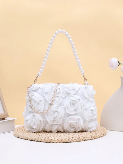 Elegant 3D Rose Flower Shoulder Bag, Metal Chain Crossbody Bag, Women's Faux Pearl Handbag, Women's Party Dress, Party Bag, Holiday Party Dress, Valentine's Day Gift, Bridal Bag, Bridesmaid Bag, Suita