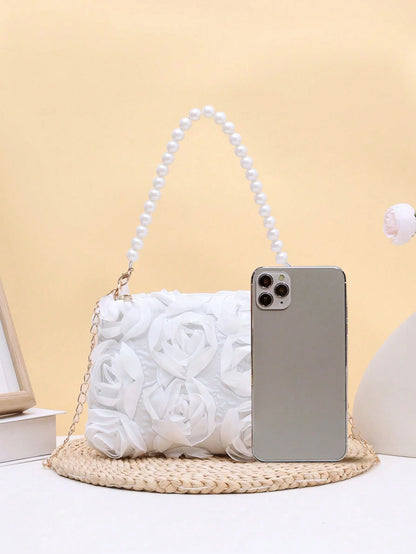 Elegant 3D Rose Flower Shoulder Bag, Metal Chain Crossbody Bag, Women's Faux Pearl Handbag, Women's Party Dress, Party Bag, Holiday Party Dress, Valentine's Day Gift, Bridal Bag, Bridesmaid Bag, Suita