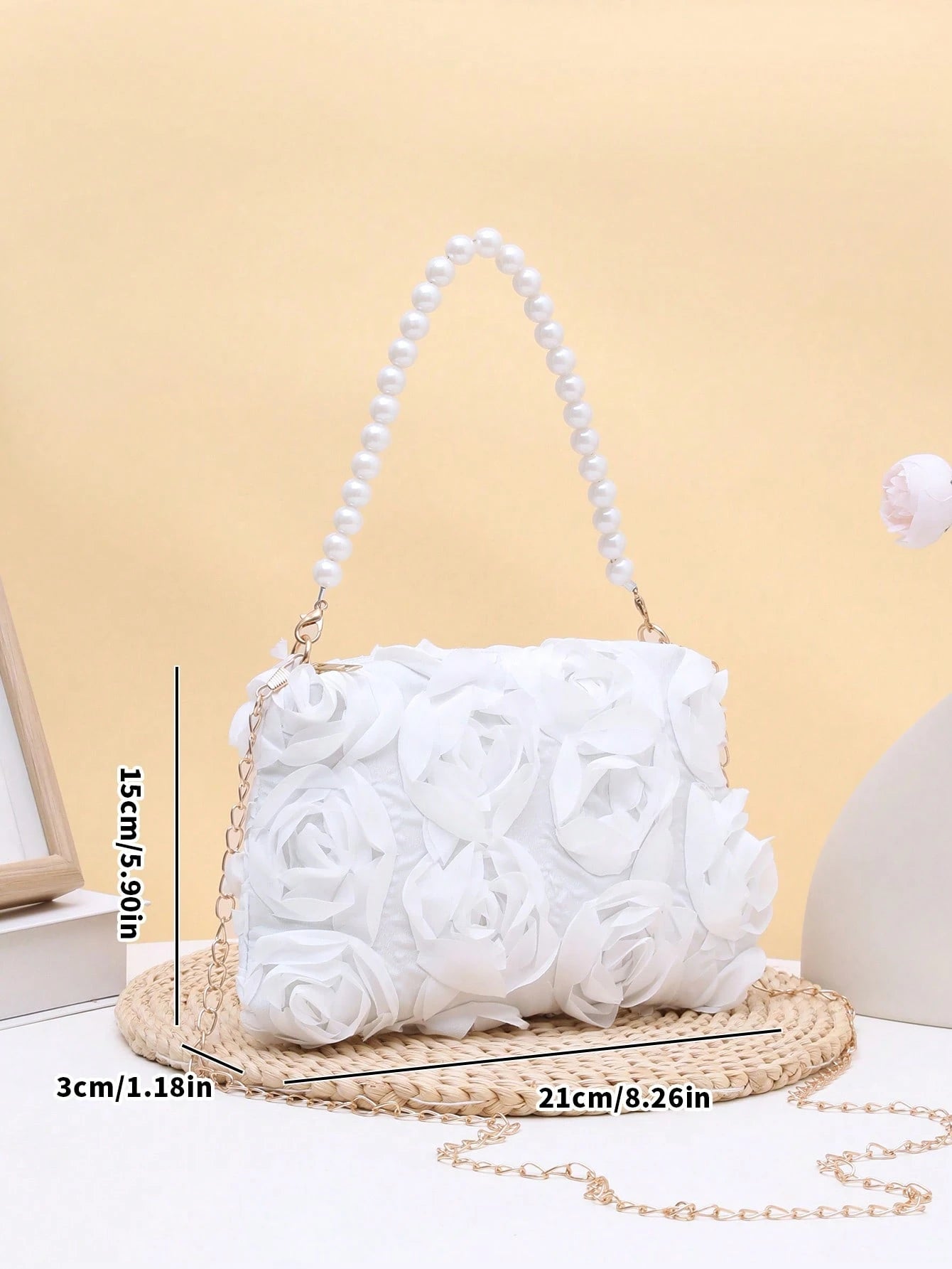 Elegant 3D Rose Flower Shoulder Bag, Metal Chain Crossbody Bag, Women's Faux Pearl Handbag, Women's Party Dress, Party Bag, Holiday Party Dress, Valentine's Day Gift, Bridal Bag, Bridesmaid Bag, Suita