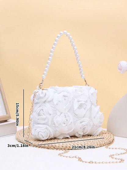 Elegant 3D Rose Flower Shoulder Bag, Metal Chain Crossbody Bag, Women's Faux Pearl Handbag, Women's Party Dress, Party Bag, Holiday Party Dress, Valentine's Day Gift, Bridal Bag, Bridesmaid Bag, Suita