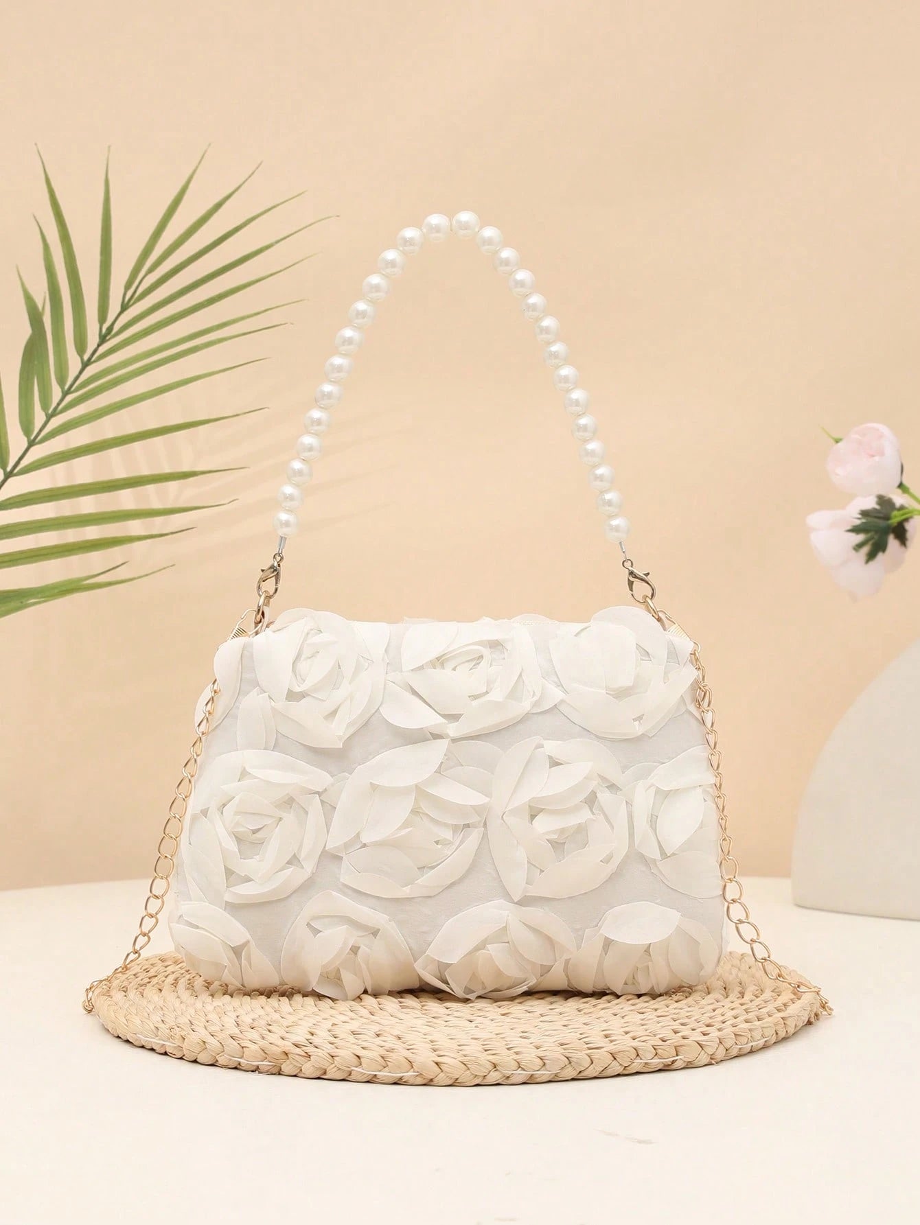 Elegant 3D Rose Flower Shoulder Bag, Metal Chain Crossbody Bag, Women's Faux Pearl Handbag, Women's Party Dress, Party Bag, Holiday Party Dress, Valentine's Day Gift, Bridal Bag, Bridesmaid Bag, Suita
