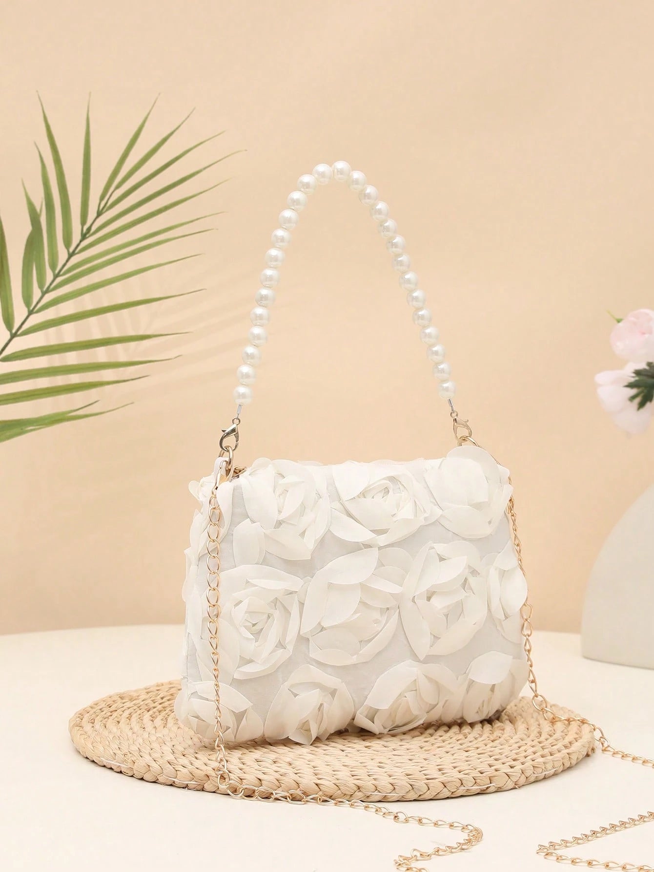 Elegant 3D Rose Flower Shoulder Bag, Metal Chain Crossbody Bag, Women's Faux Pearl Handbag, Women's Party Dress, Party Bag, Holiday Party Dress, Valentine's Day Gift, Bridal Bag, Bridesmaid Bag, Suita