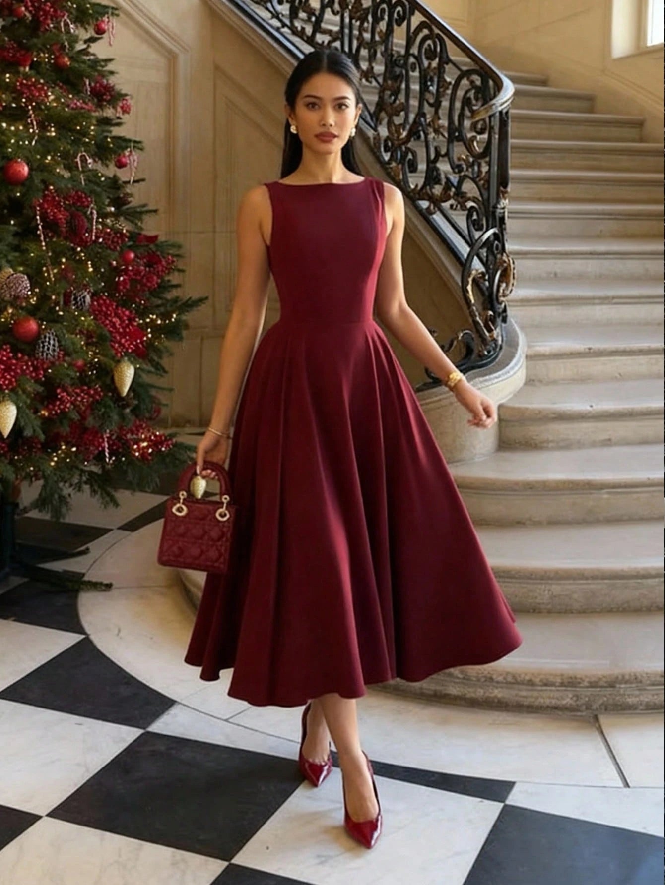 Elegant French Romantic Backless Hollow-Out Cinched Waist Sexy Charming Dress, Burgundy, Suitable For Christmas, Holiday Party, Date Summer