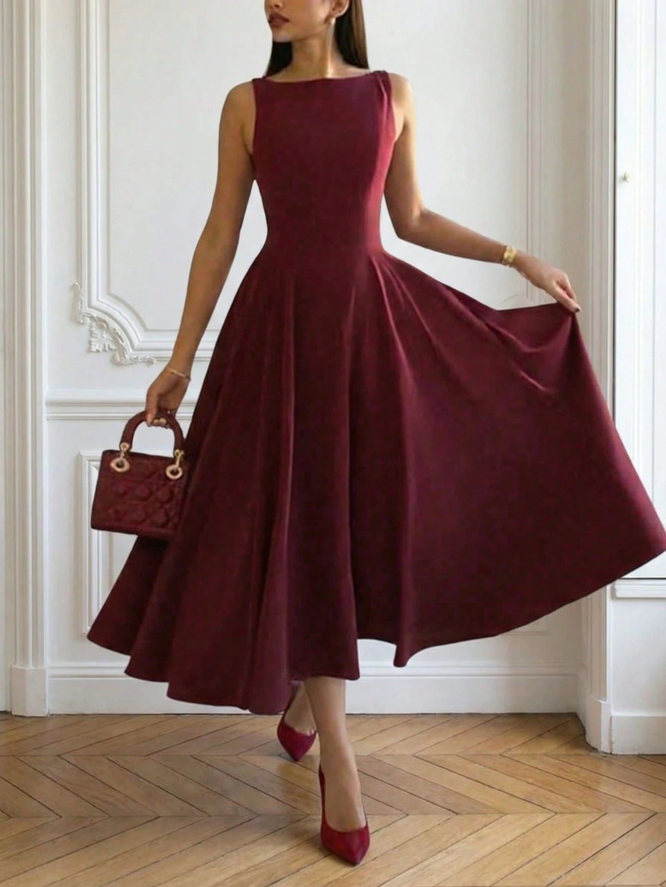 Elegant French Romantic Backless Hollow-Out Cinched Waist Sexy Charming Dress, Burgundy, Suitable For Christmas, Holiday Party, Date Summer