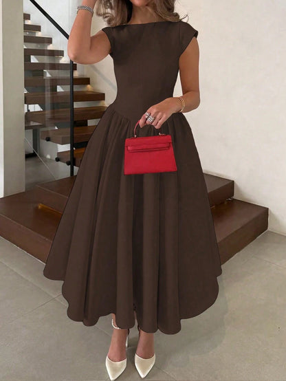 Elegant Minimalist Fashion Casual Retro Flared Short Sleeve Solid Color Pleated Zipper Women's Long Dress Brown Summer
