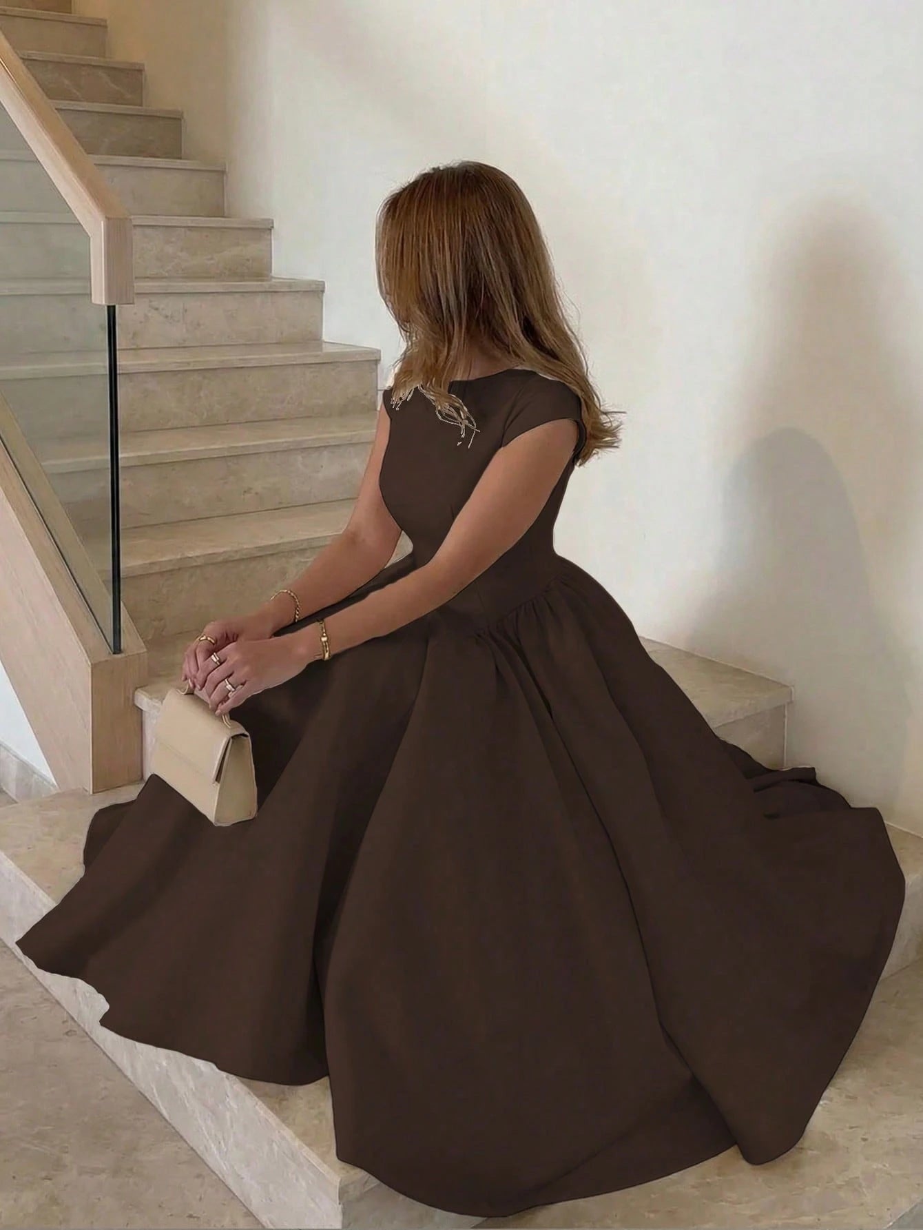 Elegant Minimalist Fashion Casual Retro Flared Short Sleeve Solid Color Pleated Zipper Women's Long Dress Brown Summer
