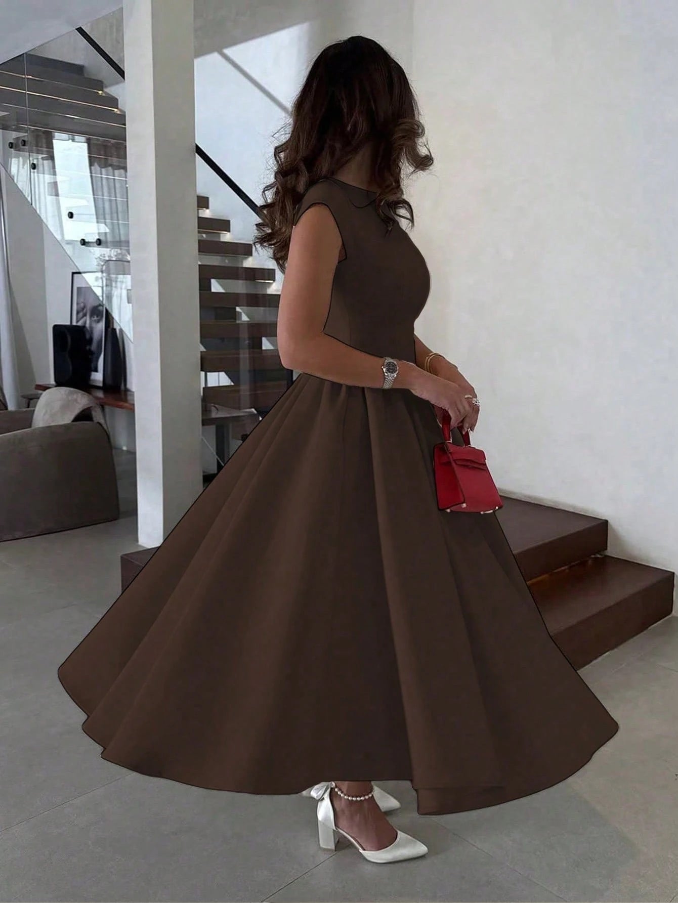 Elegant Minimalist Fashion Casual Retro Flared Short Sleeve Solid Color Pleated Zipper Women's Long Dress Brown Summer
