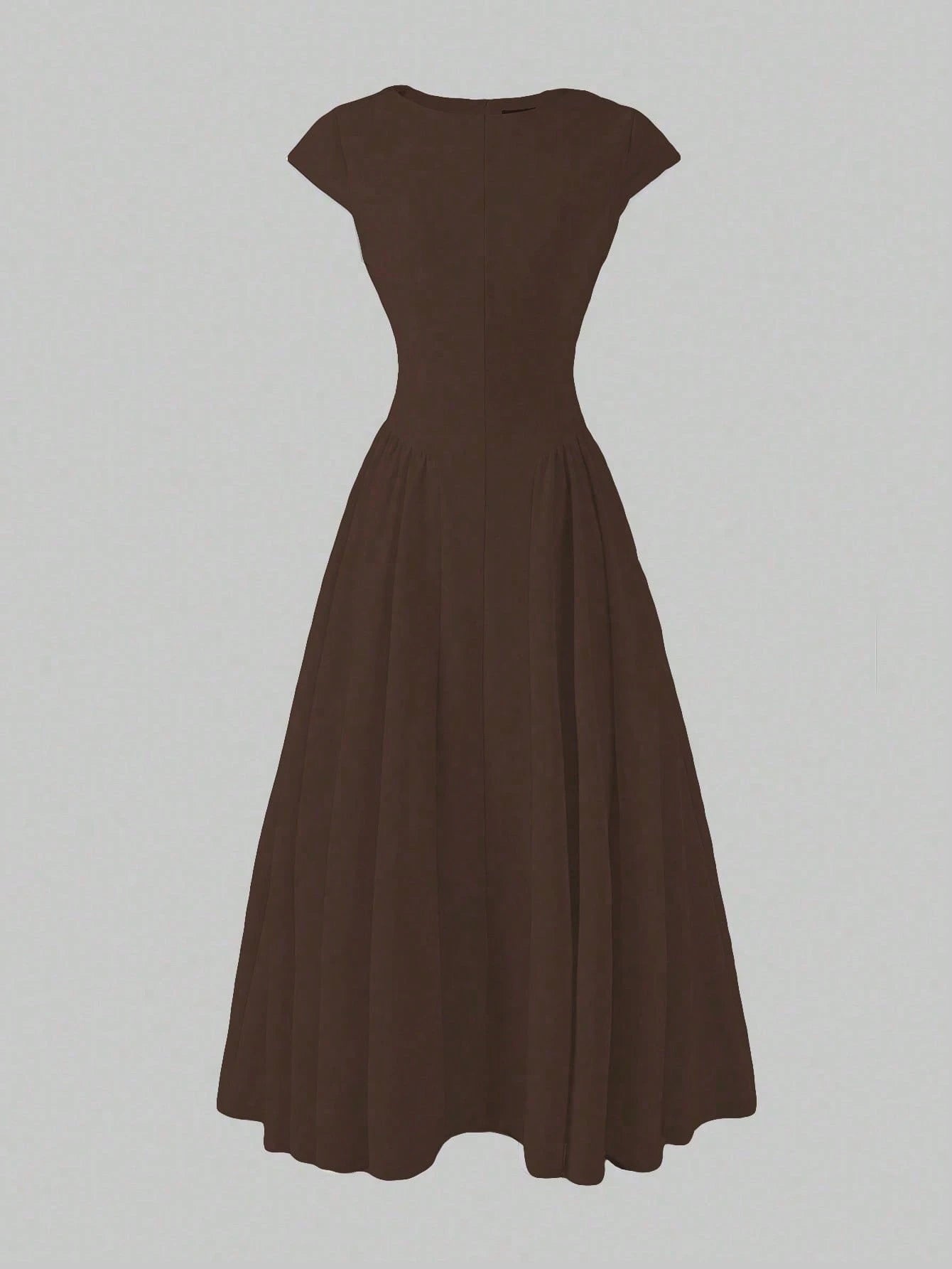 Elegant Minimalist Fashion Casual Retro Flared Short Sleeve Solid Color Pleated Zipper Women's Long Dress Brown Summer