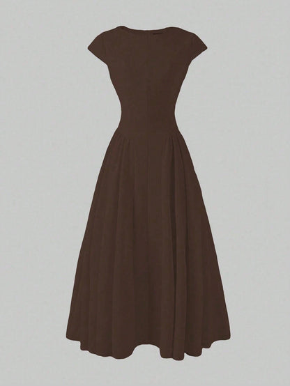 Elegant Minimalist Fashion Casual Retro Flared Short Sleeve Solid Color Pleated Zipper Women's Long Dress Brown Summer