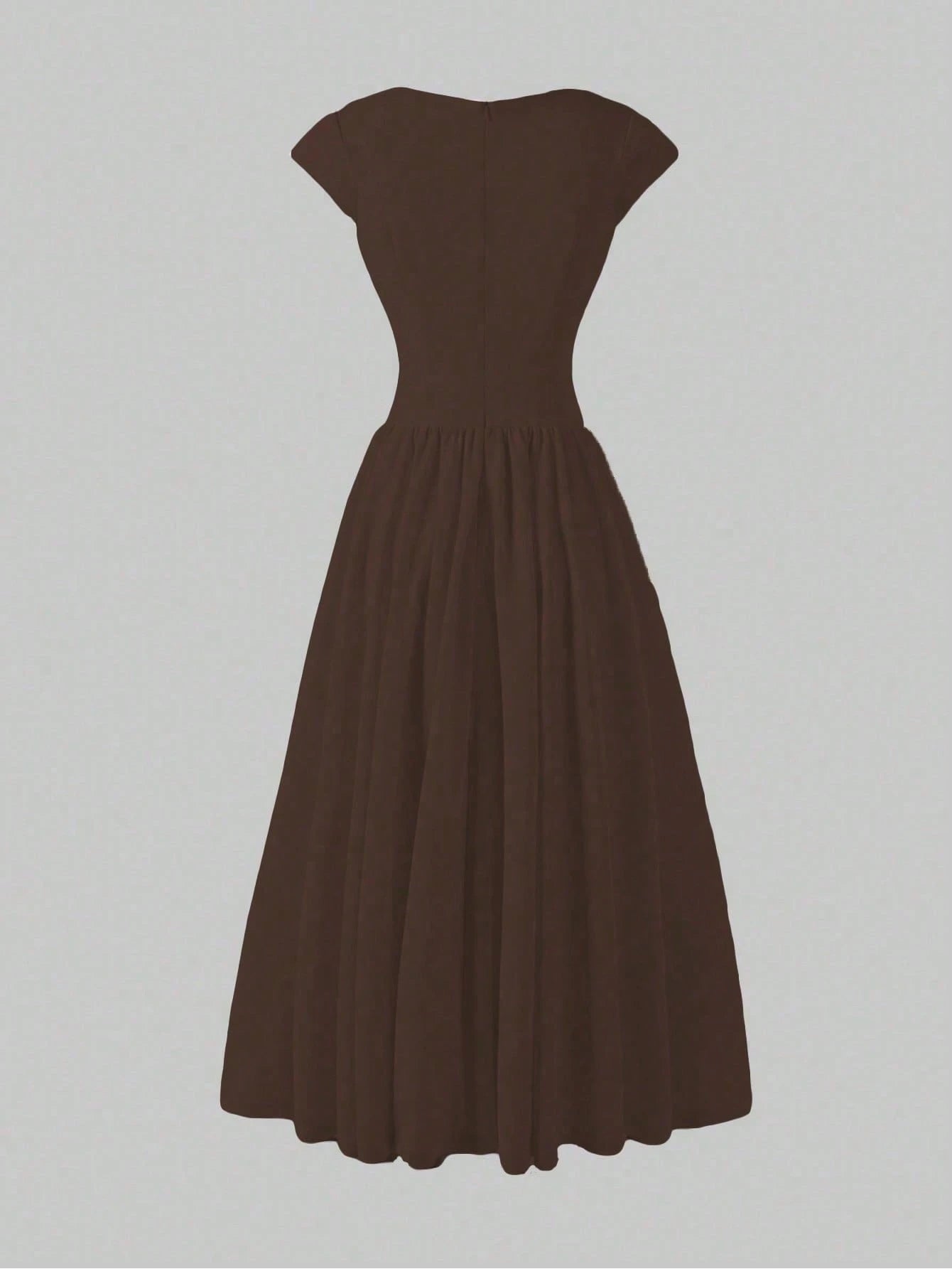 Elegant Minimalist Fashion Casual Retro Flared Short Sleeve Solid Color Pleated Zipper Women's Long Dress Brown Summer