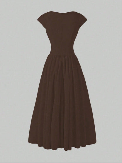 Elegant Minimalist Fashion Casual Retro Flared Short Sleeve Solid Color Pleated Zipper Women's Long Dress Brown Summer