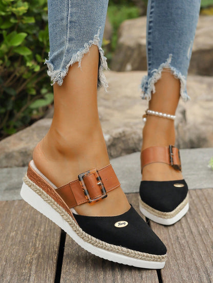 Elegant Wedge Heel Thick Sole Women's Shoes (Runs Small), High-End Hemp Rope Woven Thick Sole Shoes, Strap Buckle Pointed Toe Low Vamp Shoes, Versatile Platform Shoes Plus Size, Vintage Leopard Print