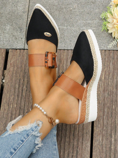 Elegant Wedge Heel Thick Sole Women's Shoes (Runs Small), High-End Hemp Rope Woven Thick Sole Shoes, Strap Buckle Pointed Toe Low Vamp Shoes, Versatile Platform Shoes Plus Size, Vintage Leopard Print