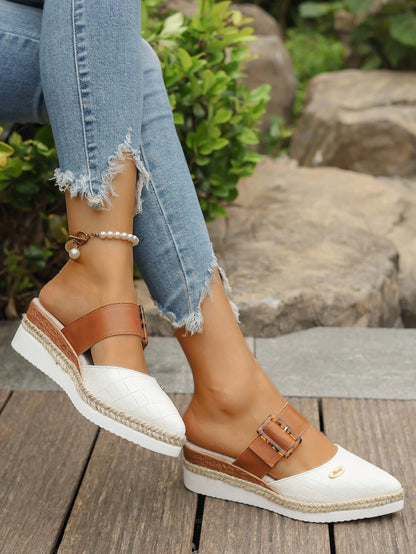Elegant Wedge Heel Thick Sole Women's Shoes (Runs Small), High-End Hemp Rope Woven Thick Sole Shoes, Strap Buckle Pointed Toe Low Vamp Shoes, Versatile Platform Shoes Plus Size, Vintage Leopard Print