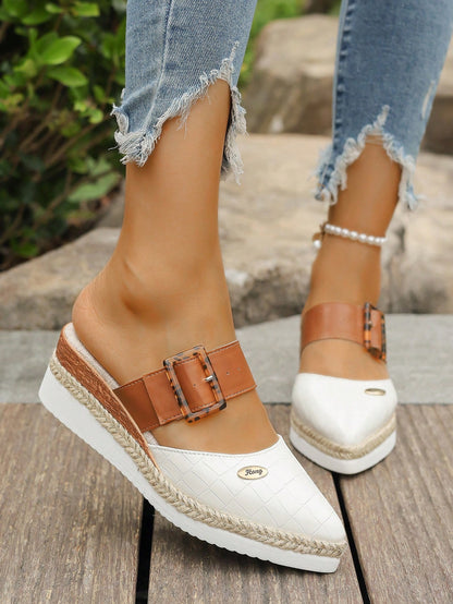 Elegant Wedge Heel Thick Sole Women's Shoes (Runs Small), High-End Hemp Rope Woven Thick Sole Shoes, Strap Buckle Pointed Toe Low Vamp Shoes, Versatile Platform Shoes Plus Size, Vintage Leopard Print