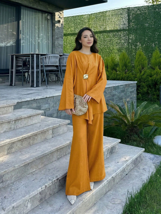 Elegant Women's Loose Two Pieces Set, Round Neck Long Sleeve Top And Wide Leg Pants, Made Of Non-Stretch Woven Fabric Fall
