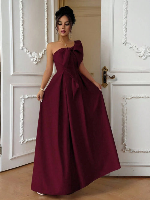 Elenzga Asymmetric Big Bowknot Waist A-Line Elegant Romantic Women Dress
