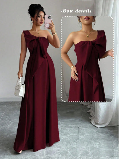 Elenzga Asymmetric Big Bowknot Waist A-Line Elegant Romantic Women Dress