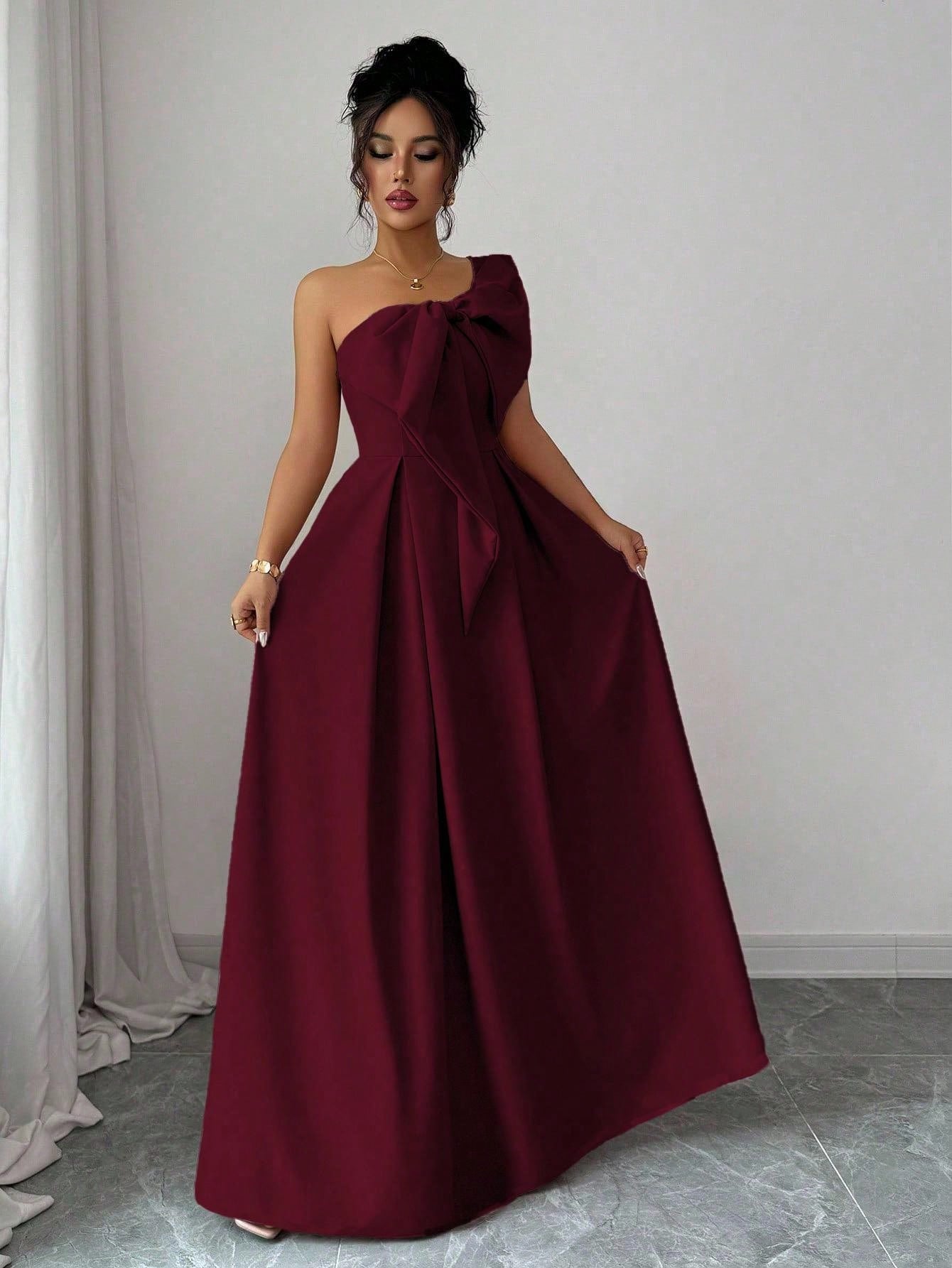 Elenzga Asymmetric Big Bowknot Waist A-Line Elegant Romantic Women Dress