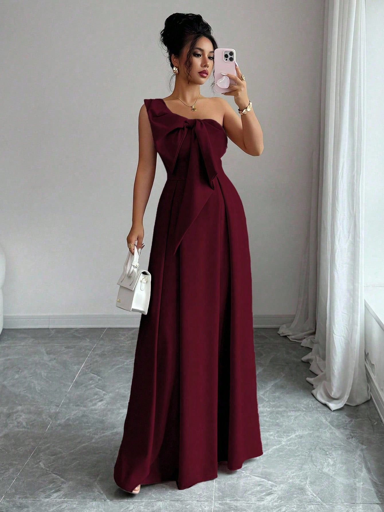 Elenzga Asymmetric Big Bowknot Waist A-Line Elegant Romantic Women Dress