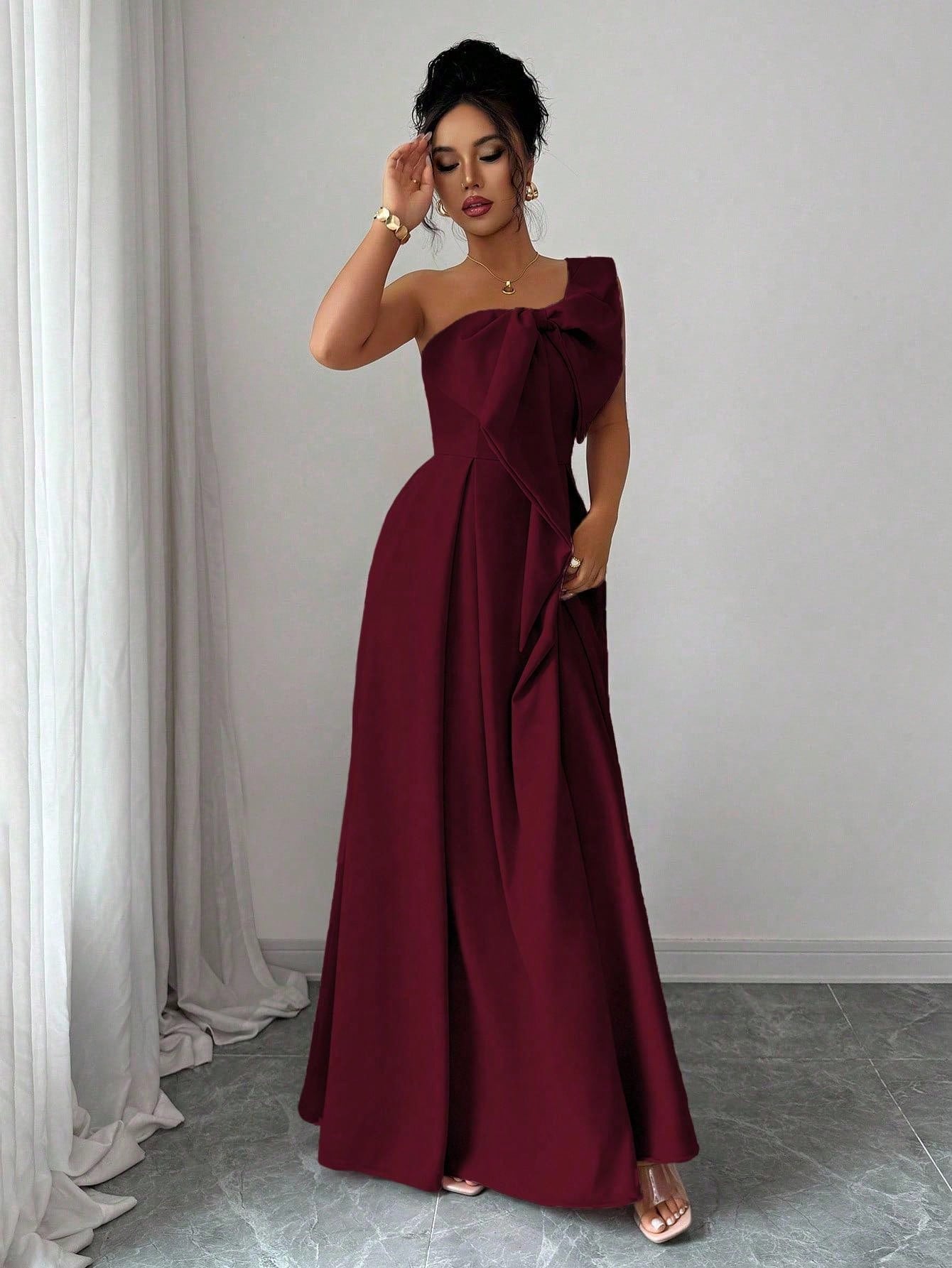 Elenzga Asymmetric Big Bowknot Waist A-Line Elegant Romantic Women Dress