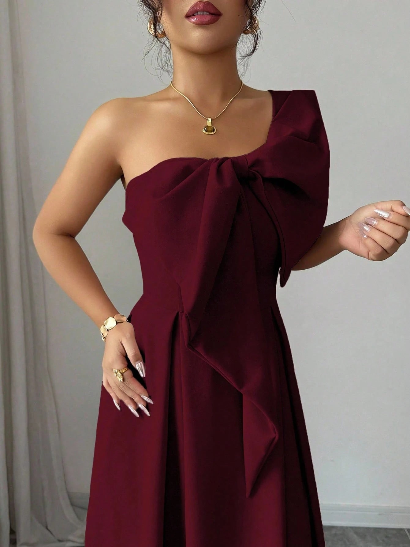 Elenzga Asymmetric Big Bowknot Waist A-Line Elegant Romantic Women Dress