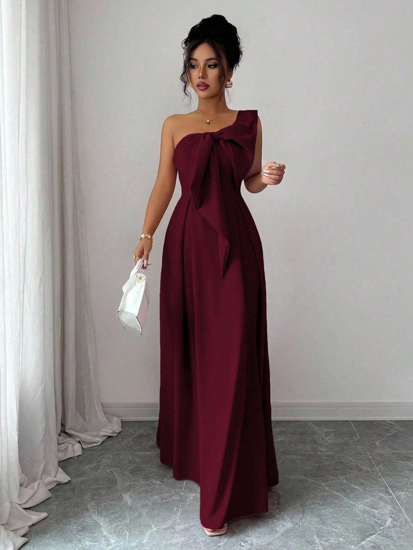 Elenzga Asymmetric Big Bowknot Waist A-Line Elegant Romantic Women Dress