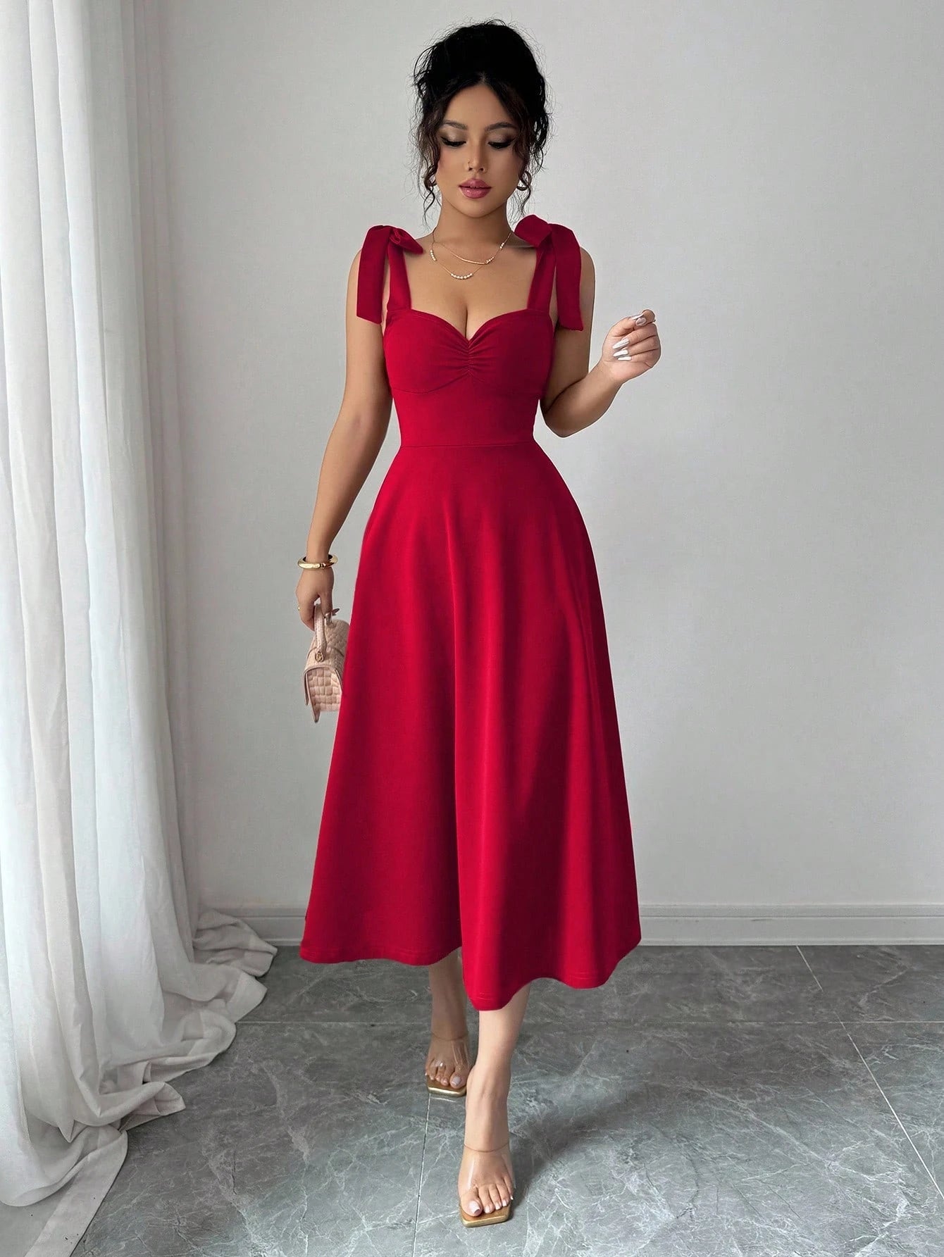 Elenzga Halloween, Christmas, Back To School Dress, Red Sleeveless Spaghetti Strap Tie Cinched Waist A-Line Elegant Romantic Women Dress