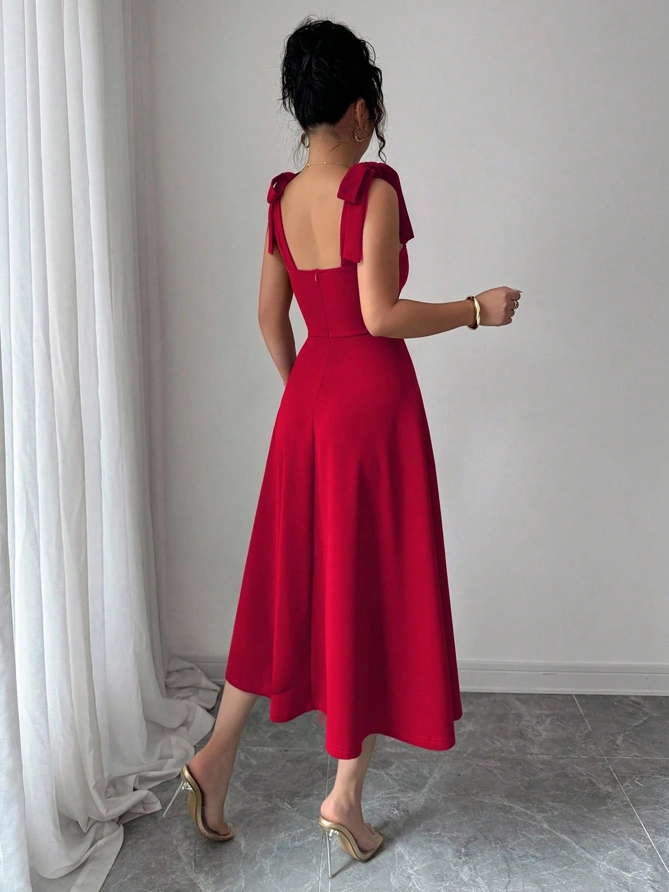 Elenzga Halloween, Christmas, Back To School Dress, Red Sleeveless Spaghetti Strap Tie Cinched Waist A-Line Elegant Romantic Women Dress