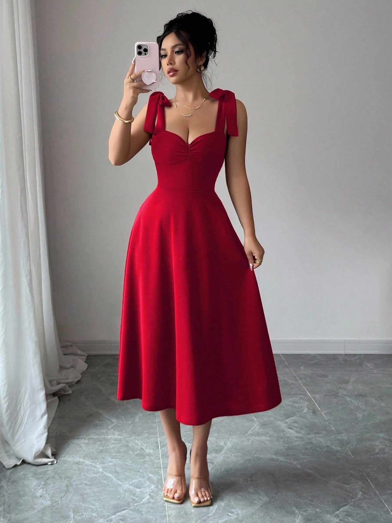 Elenzga Halloween, Christmas, Back To School Dress, Red Sleeveless Spaghetti Strap Tie Cinched Waist A-Line Elegant Romantic Women Dress