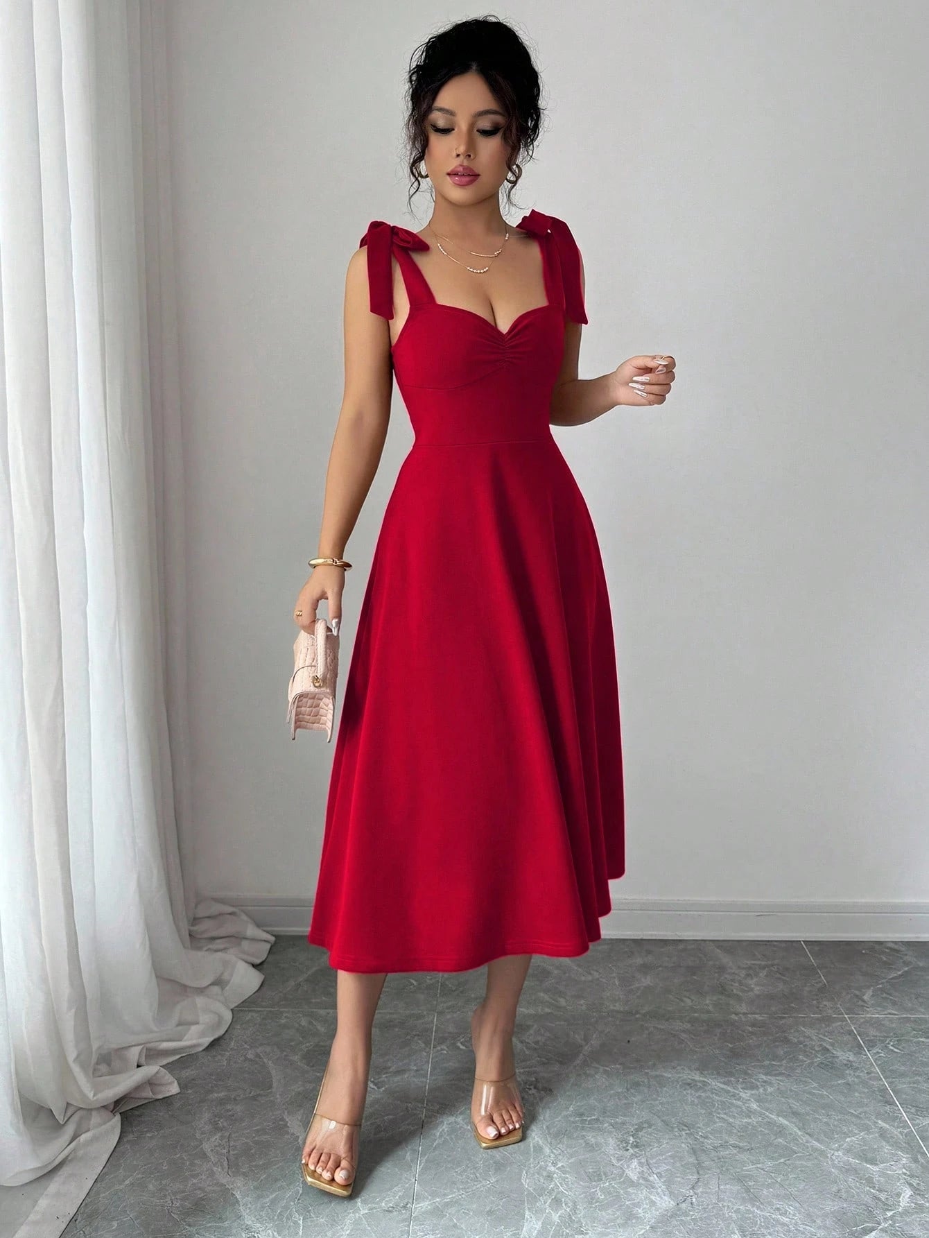 Elenzga Halloween, Christmas, Back To School Dress, Red Sleeveless Spaghetti Strap Tie Cinched Waist A-Line Elegant Romantic Women Dress