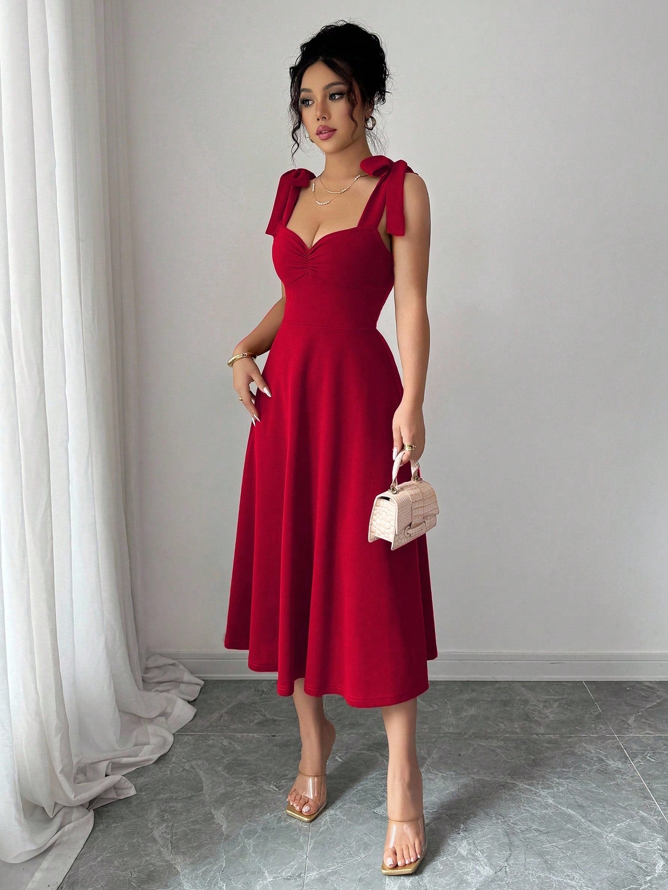 Elenzga Halloween, Christmas, Back To School Dress, Red Sleeveless Spaghetti Strap Tie Cinched Waist A-Line Elegant Romantic Women Dress