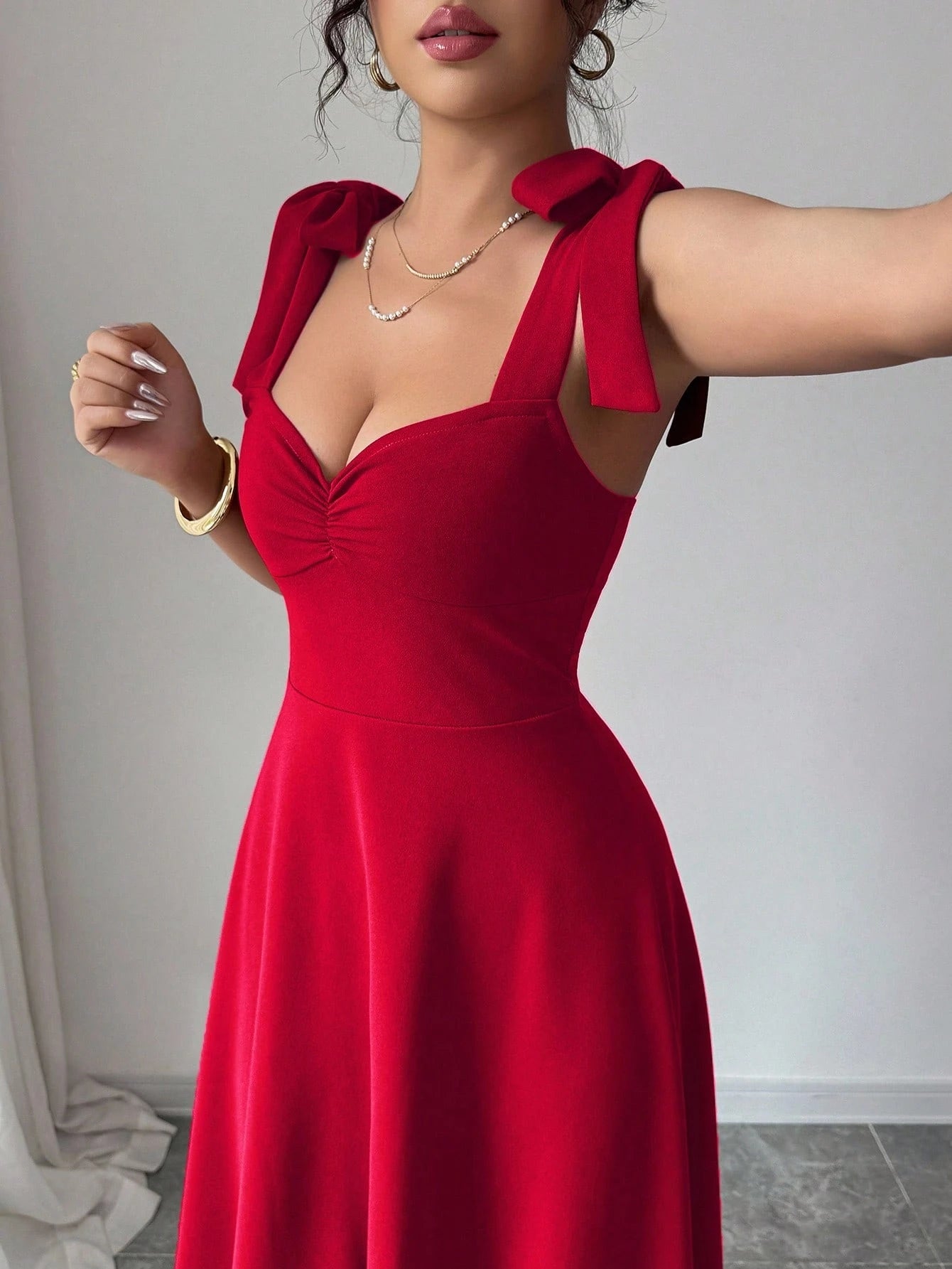 Elenzga Halloween, Christmas, Back To School Dress, Red Sleeveless Spaghetti Strap Tie Cinched Waist A-Line Elegant Romantic Women Dress