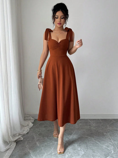 Elenzga Halloween, Christmas, Back To School Dress, Red Sleeveless Spaghetti Strap Tie Cinched Waist A-Line Elegant Romantic Women Dress