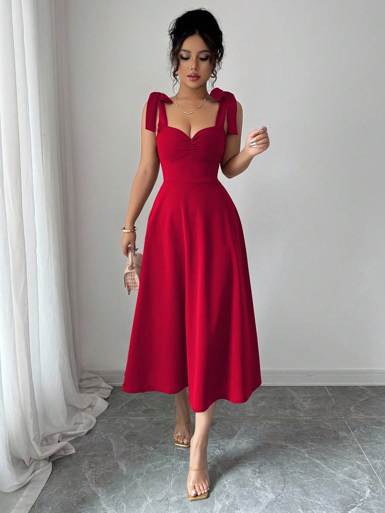 Elenzga Halloween, Christmas, Back To School Dress, Red Sleeveless Spaghetti Strap Tie Cinched Waist A-Line Elegant Romantic Women Dress