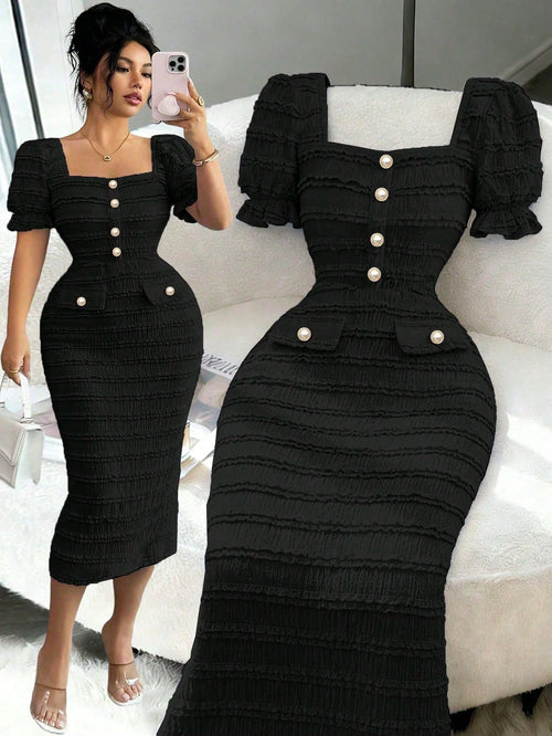 Elenzga New Arrival Square Neck Short Sleeve Textured Knit Midi Dress, Elegant Versatile Fitted Silhouette For Women