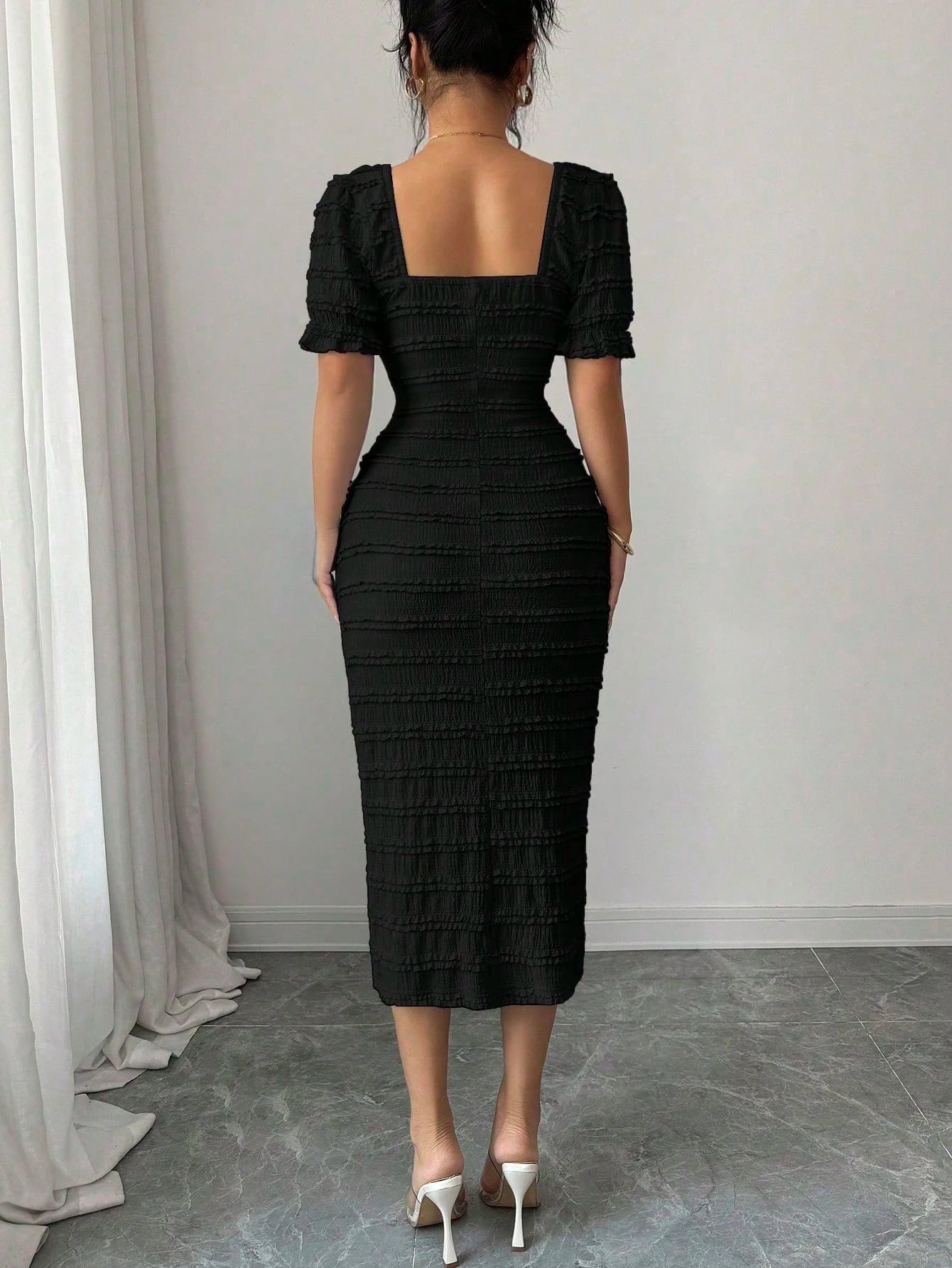 Elenzga New Arrival Square Neck Short Sleeve Textured Knit Midi Dress, Elegant Versatile Fitted Silhouette For Women