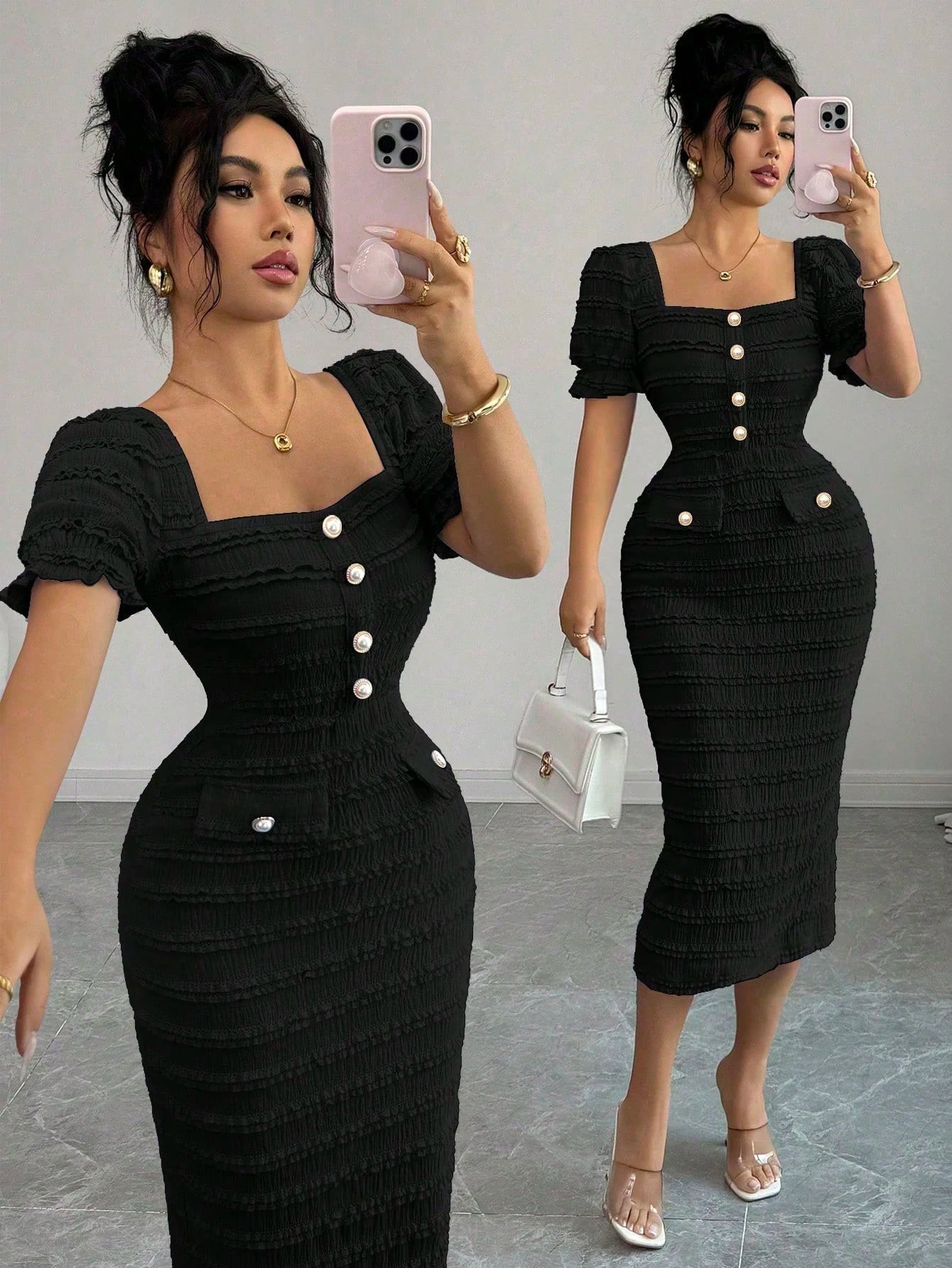 Elenzga New Arrival Square Neck Short Sleeve Textured Knit Midi Dress, Elegant Versatile Fitted Silhouette For Women