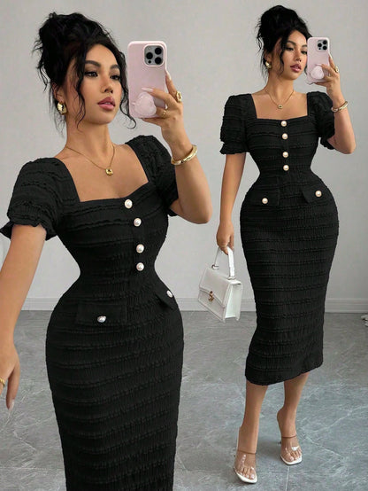 Elenzga New Arrival Square Neck Short Sleeve Textured Knit Midi Dress, Elegant Versatile Fitted Silhouette For Women